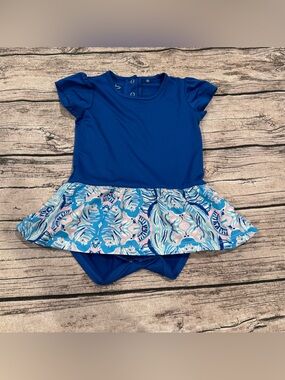 Garb Golf & Tennis Girls Blue Ruffle Onesie with Printed Skirt UPF 50 Size 12-18